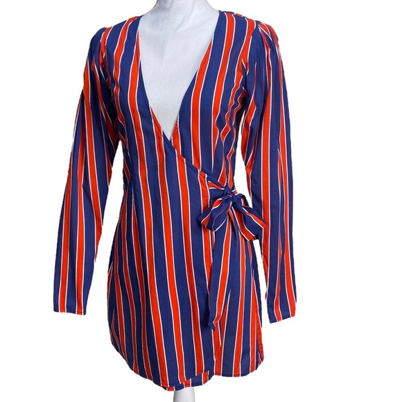 WeWoreWhat Blanca Wrap Dress Size Small Navy Blue Red Stripe Long Sleeve Summer - Picture 5 of 16